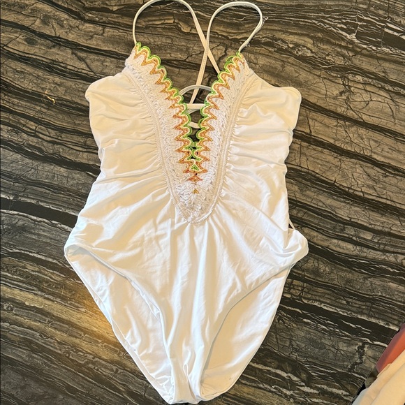 Becca White One-Piece Swimsuit with Colorful Trim medium - Picture 1 of 3